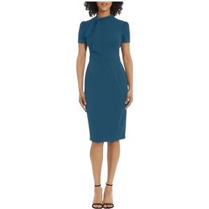 NWT Maggy London Tie Neck Puff Sleeve Scuba Crepe Dress in Teal. Size 6